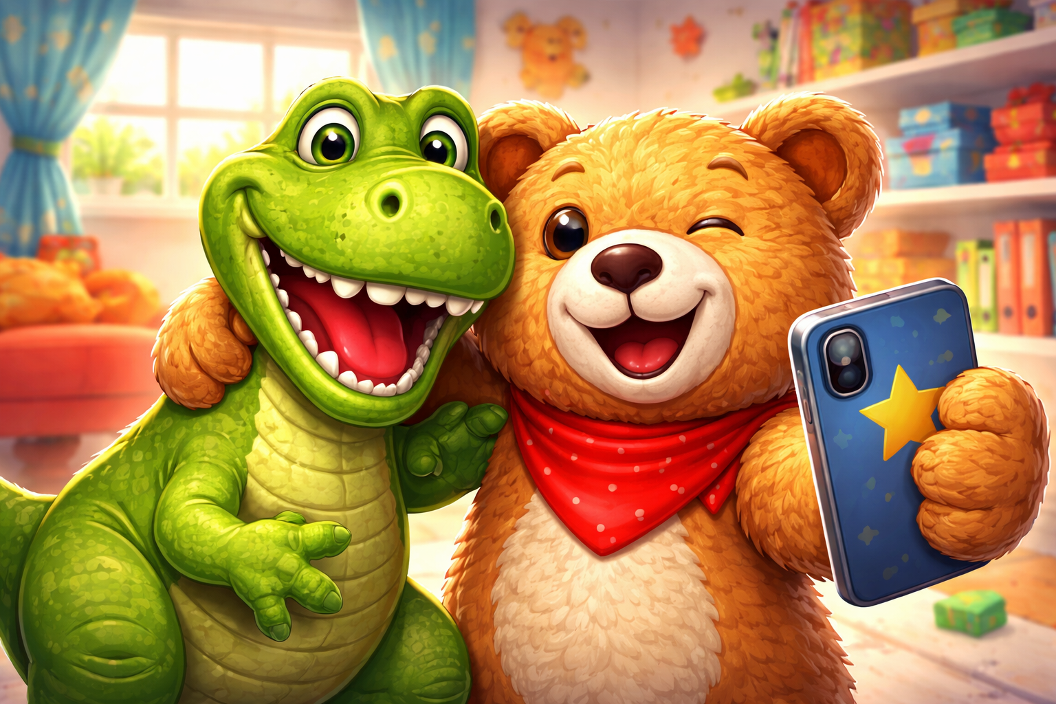 Dinosaur and teddy bear selfie fun.png